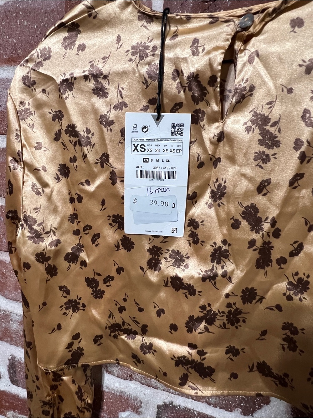 ZARA Gold and Brown Floral Satin Long-Sleeve Crop Top - Picture 5 of 5